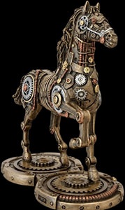 Nærbillede af Veronese Steampunk Hestefigur, der viser detaljer om tandhjul og mekaniske elementer på hestens manke og krop